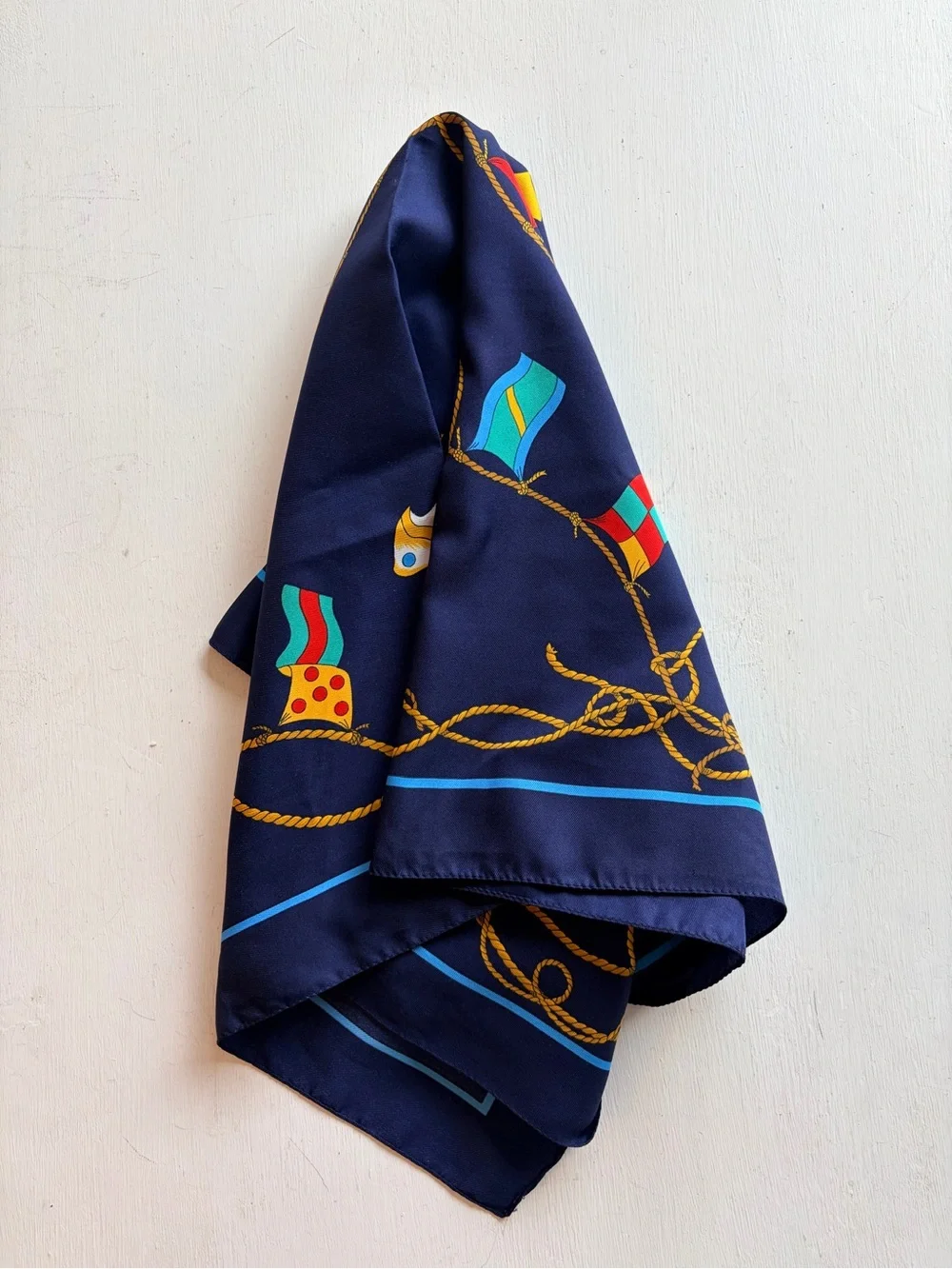 Italian Silk-Feel Scarf 30.5” x 31” Nautical Rope Print Navy Luxe Square - Picture 3 of 5